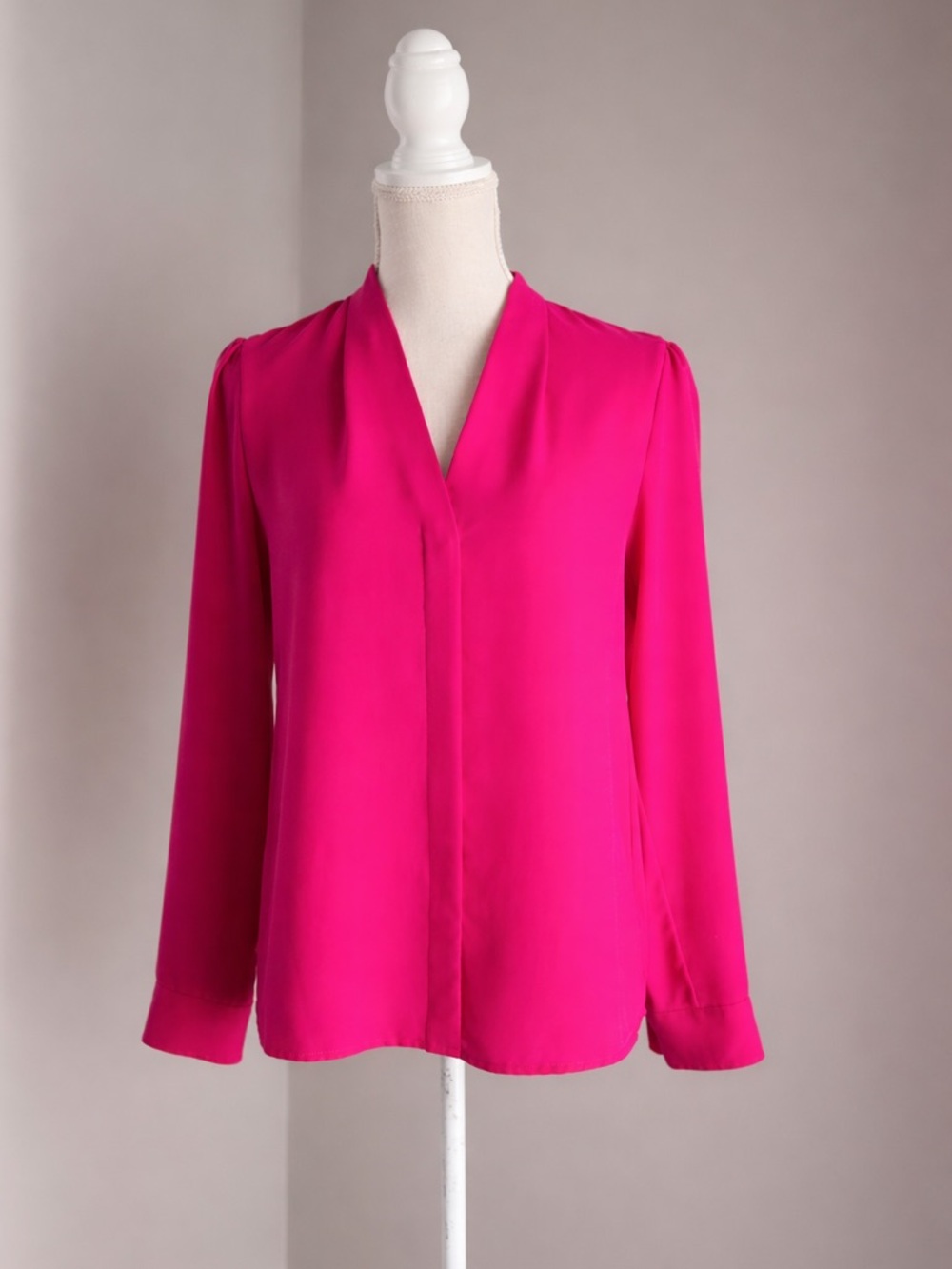 Hot Pink Blouse | V-Neck Long Sleeve | Elegant Workwear Top | Size Small